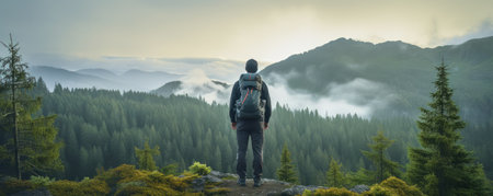 Back view of a lonely man enjoys the view of the summer mountains while he standing on a mountain peak. Hiking and digital detox concept. Contemplation of nature alone with your thoughts.の素材
