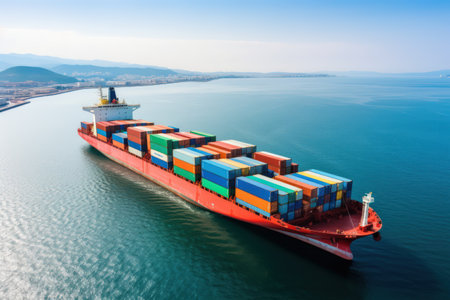 Container ship at sunset. Sea freight is one of the most important engines of the modern economy. AI generated image.の素材