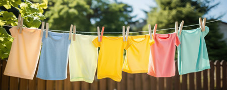 Childrens clothing dries on a clothesline in the backyard outside in the sunlight after being washed. Rope with clean clothes outdoors on laundry day.の素材