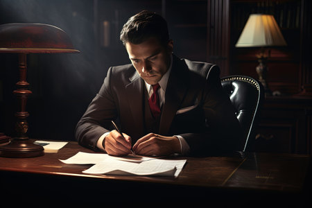 Caucasian young businessman signs documents in office. He sits in the office in the evening and signs the document.の素材