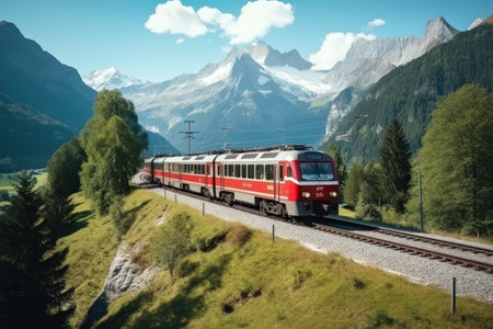 Suburban passenger train. A locomotive pulls a passenger train along a winding road among the summer forest and mountains. Picturesque scenery and train travel.の素材
