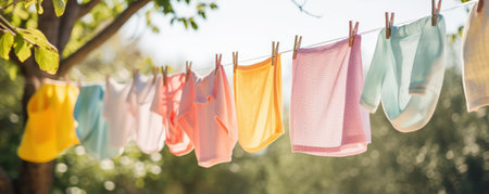 Childrens clothing dries on a clothesline in the backyard outside in the sunlight after being washed. Rope with clean clothes outdoors on laundry day.の素材