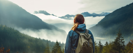 A young woman enjoys the view of the summer mountains while on a mountain peak. Slow life and hiking concept. Offline and digital detox. Contemplation of nature alone with your thoughts. Back view.の素材