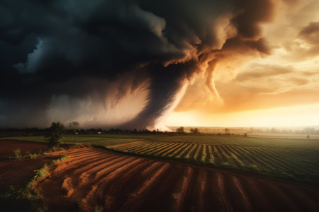 Tornado raging over a landscape. Storm over cornfield. Super cell wall cloud moving over the rural landscape during severe storm tornado warning.の素材