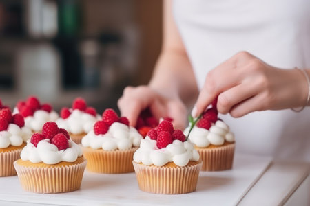 Treat yourself to the ultimate sweet treat with this decadent masterpiece. Womens hands in the process of decorating freshly baked cakes.の素材