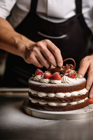 Embrace the beauty of nature with this stunning floral cake. Delicate blossoms and intricate floral designs adorn the confection, creating a charming and elegant centerpiece. Vertical photo.の素材
