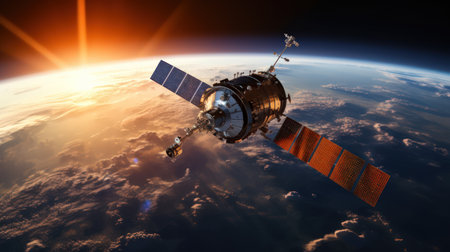 Telecommunications satellite in Earth orbit. Data transfer and communication concept. Surveillance, reconnaissance and espionage for people.の素材