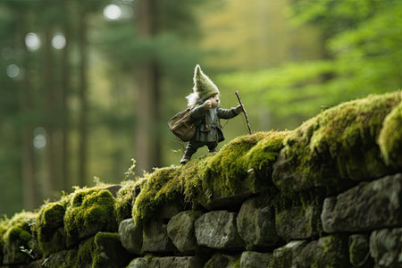 Small forest gnome - guardian of the forest. He walks through the forest inspecting his possessions. The fairy-tale character is encountered only by the most daring and responsible visitors to the forest.の素材