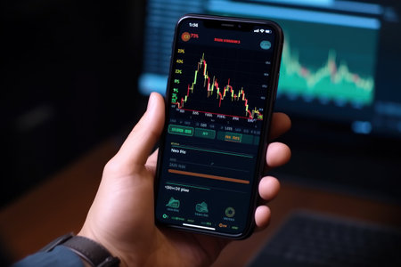 Photo of a crypto trader holds smartphone displaying fluctuating digital currency market. Investor...
