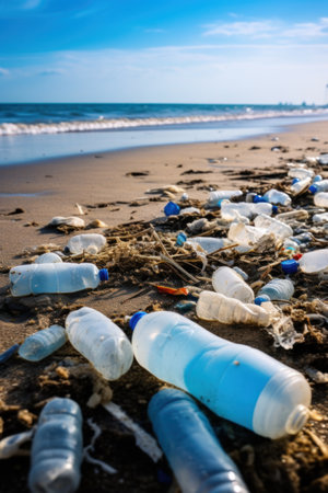 Plastic trash on beach is an unsightly issue simultaneously creating risks to local wildlife....