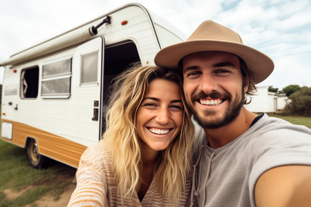 Young Caucasian couple smiling looking at camera. Traveling together in motorhome is a separate type of relaxation from the hustle and bustle of a big city. Mental health and digital detox concept.の素材
