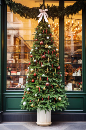 Christmas tree proudly graces front of shop beckoning passers-by with festive charm. Vertical photo of a Christmas tree entices onlookers with festive allure.の写真素材