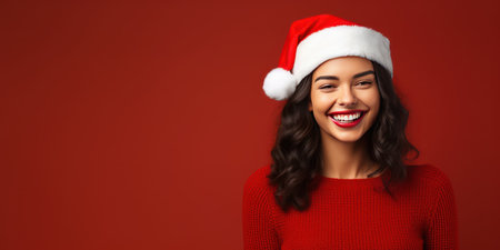 Caucasian young smiley woman in Santa hat over red background. She is smiling and looking at camera. Photo with copy space.の素材
