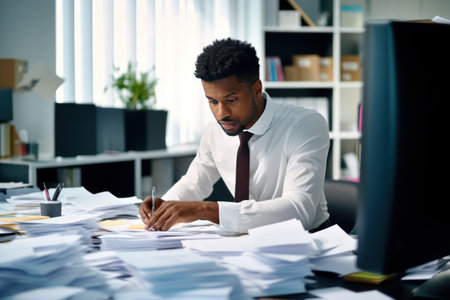Deadline hell concept. Young African American man in office with a lot of papers to work.の素材