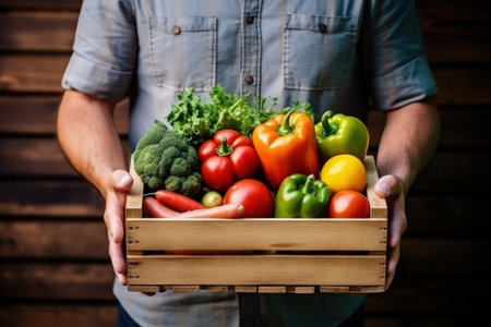 Close-up hands of an male farmer with his harvest of garden vegetables in a wooden box. Natural products as the basis of health in any age.の素材