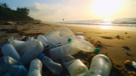 Presence of plastic trash on beach unfortunate and unsightly issue simultaneously creating risks to local wildlife. Plastic trash on beach eyesore detracts from natural beauty of coastlineの写真素材