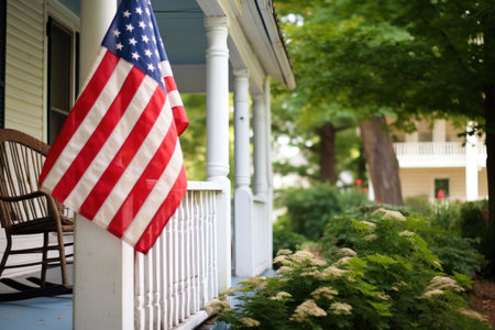 Presence of USA flag on building porch expresses patriotism reflecting love for country. USA flag on porch of house unmistakably radiates sense of patriotism signifying national allegianceの写真素材