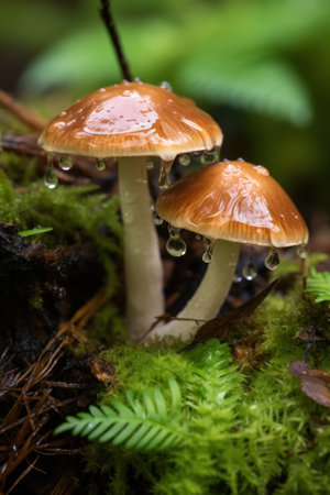 Little wet mushrooms in a forest. Psilocybe semilanceata mushrooms growing on a trunk in the forest. Magic, hallucinogenic, Mushrooms. Vertical macro photo.の素材
