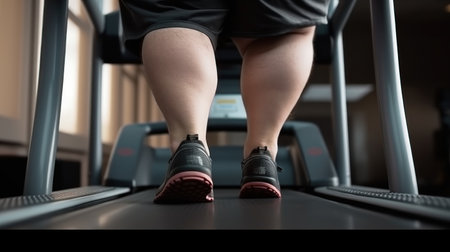Legs of overweight man walking on treadmill in gym with modern sports equipment. Desire to get rid of fat and mass in adulthood. Hard work to get perfect body and exercise for chubby people concept.の素材