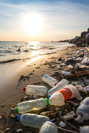 Presence of plastic trash on beach unfortunate and unsightly issue simultaneously creating risks to local wildlife. Plastic trash on beach eyesore detracts from natural beauty of coastlineの素材