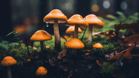 Little wet mushrooms in a forest.の素材