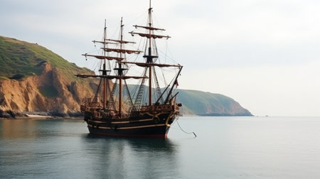 Pirate ship drifts on azure sea during calm arriving to coast. Pirate ship sails from desert island with bright trees in summer sunny weather with calm. Pirate ship with lowered sails on seaの素材