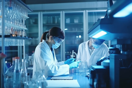 People working in the modern laboratory for the study viruses. The concept of creation and production of the latest generation of drugs. Business and competition in the field of pharmacology.の素材