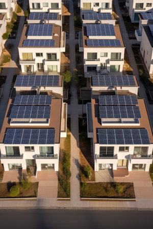 Eco-friendly apartment buildings with solar panels on roofs surrounded by autumn trees. Apartment buildings with environmentally friendly large batteries on rooftops on edge of multi-colored treesの素材