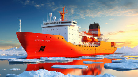 Icebreaker goes on the sea among the blue ice at sunset, aerial view.の素材