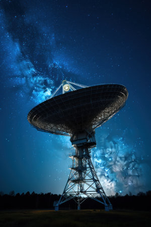 Huge radio telescope aimed directly into sky in middle of deserted desert catching signals. Large modern radio telescope aimed at sky catches signals and transmits to scientists for recognitionの素材