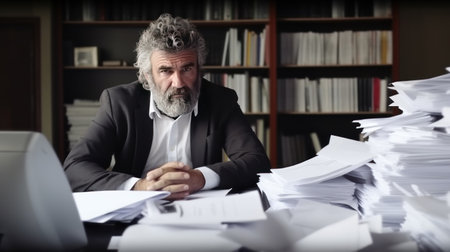 Mature Caucasian man in office with a lot of papers to work. Deadline concept. He doesnt know what job to take on first.の素材