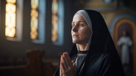 Faithful young Catholic nun praying in catholic church. Close-up photo.の素材