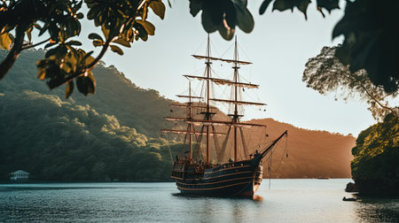 Pirate ship on azure sea during calm arriving to coast. Pirate ship sails from desert island with bright trees in summer sunny weather with calm. Pirate ship with lowered sails on sea.の素材