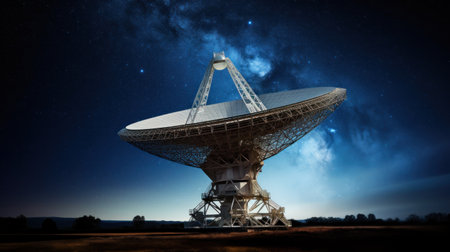 Huge radio telescope aimed directly into sky in middle of deserted desert catching signals. Large modern radio telescope aimed at sky catches signals and transmits to scientists for recognitionの素材
