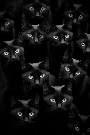 Vertical black cats background. A lot of black cats looking at camera.の素材
