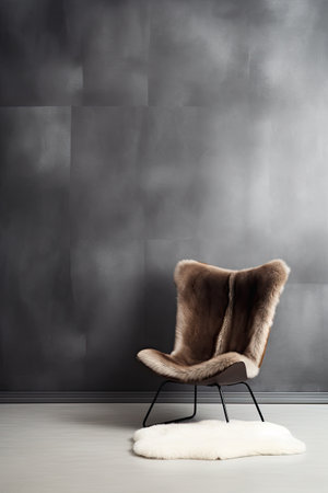 Brown fluffy fur armchair made of sheepskin against a background of dark plaster wall with copy space. Minimalist home interior design for modern living room. Vertical photo.の素材