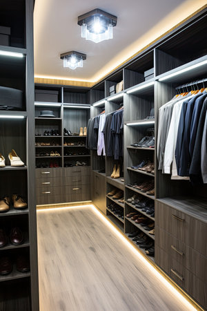 Elegant minimalist male walk in wardrobe with clothes hanging on rods, shelves and drawers. Dressing room with space for storing and organizing accessories. Vertical photo.の素材