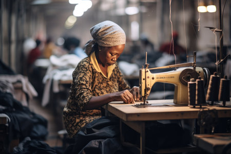 Focused mature black woman tailor with appearance sews things from natural fabric using sewing machine at clothes making factory. Handwork and sewing with help of mechanism in old age.の素材