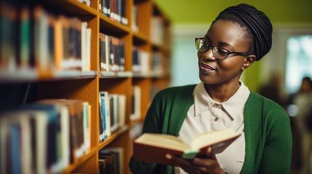 African American woman teacher with glasses studies material in textbook standing near shelves in library. Lady professor at university gains knowledge from book. Personality improvement at middle ageの素材