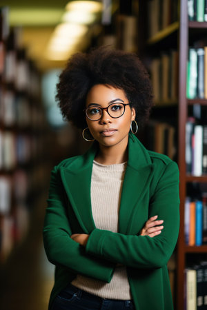African American female student in glasses reads book standing near shelves in university library. Obtaining knowledge at educational institution. Young lady looking at camera.の素材