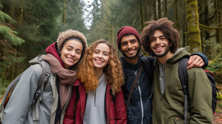 Cheerful group of diverse friends with backpacks for hike walking across autumn forest exploring nature. Friends active lifestyle spending time together without using gadgets. Enjoying environment.の素材