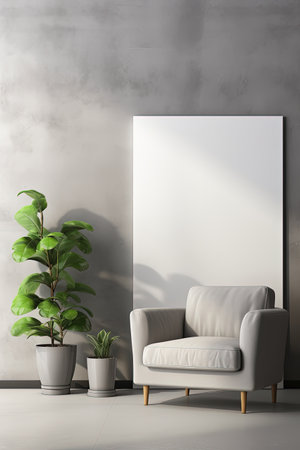 An armchair, house plant and a big art in modern home decoration. Part of the interior in a minimalist style against the background of a dark gray concrete wall. Vertical photo with copy space.の素材