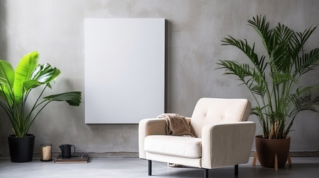 An armchair, house plant and a big art in modern apartments. Part of the interior in a minimalist style against the background of a dark gray concrete wall. Photo with copy space.の素材