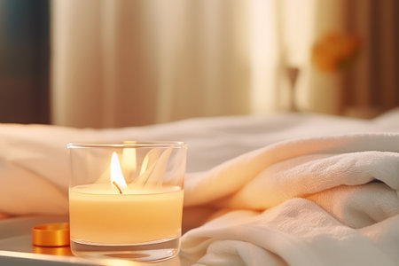 Aromatic candle burns on table in spa procedure salon. Small warm flame creating coziness and relaxing atmosphere in meditation studio. Accessory for aromatherapy treatment and mindfulnessの素材