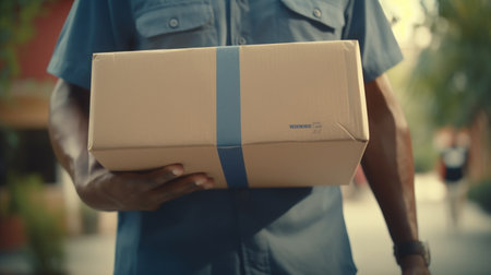 Courier with stack of parcels in cardboard boxes in post office closeup. Deliveryman sorts packages working in logistic center. Man in uniform checkups containers for shipment at workplaceの素材