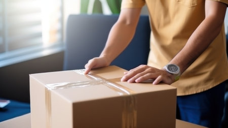 Courier with stack of parcels in cardboard boxes in post office closeup. Deliveryman sorts packages working in logistic center. Man in uniform checkups containers for shipment at workplaceの素材