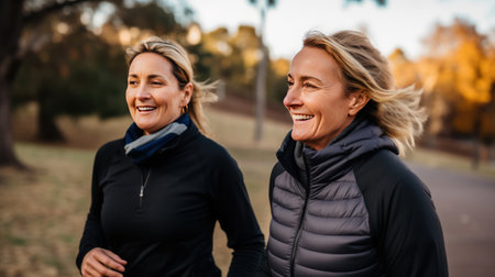 Positive woman and her young daughter run together across autumn park in morning. Healthy mother and offspring exercise jogging along city garden road. Active family trains developing body endurance.の素材