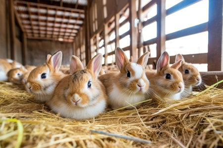 Adorable fluffy rabbits sit by cages with metal grids at animal farm. Cute little bunnies row waits for feeding time in spacious barn. Rodent pets breed by careful framers at production husbandryの素材