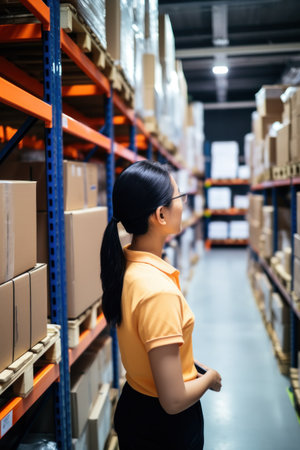 Warehouse accounting and bookkeeping. A young woman stands in a warehouse checks the statements for the presence of goods.の素材