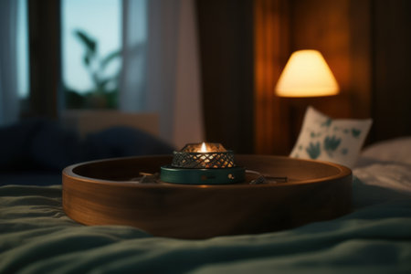 Aromatic candle burns on table in spa procedure salon. Small warm flame creating coziness and relaxing atmosphere in meditation studio. Accessory for aromatherapy treatment and mindfulnessの素材